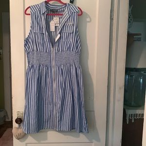 Cute smocked summer dress in blue/white pinstripe that zips top to bottow